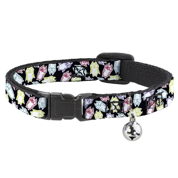 Buckle-Down Breakaway Cat Collar With Bell, Plastic Clip, Easy Adjustable, Owl Sketch Black White Multi Color, 8.5 to 12 Inches 0.5 Inch Wide