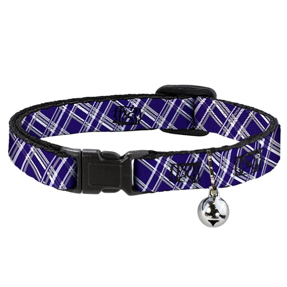 Buckle-Down Breakaway Cat Collar With Bell, Plastic Clip, Easy Adjustable, Plaid X Purple Gray White, 8.5 to 12 Inches 0.5 Inch Wide