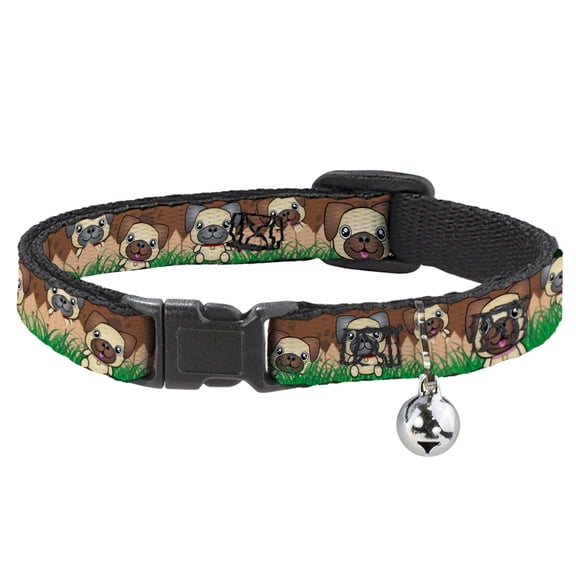 Buckle-Down Breakaway Cat Collar With Bell, Plastic Clip, Easy Adjustable, Pug Puppies Paw Prints Browns Greens, 8.5 to 12 Inches 0.5 Inch Wide