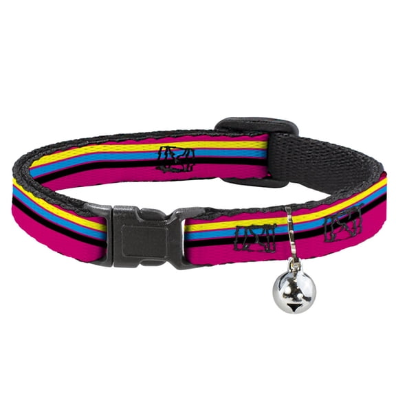 Buckle-Down Breakaway Cat Collar With Bell, Plastic Clip, Easy Adjustable, Racing Stripes Pink Yellow Blue Black, 8.5 to 12 Inches 0.5 Inch Wide