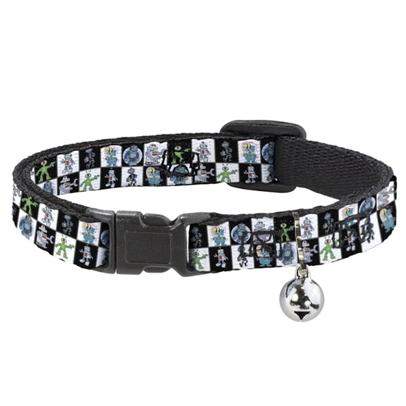Buckle-Down Breakaway Cat Collar With Bell, Plastic Clip, Easy Adjustable, Robot Checkers Black White, 8.5 to 12 Inches 0.5 Inch Wide