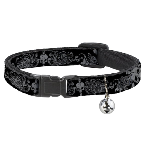 Buckle-Down Breakaway Cat Collar With Bell, Plastic Clip, Easy Adjustable, Skull Dagger Filigree Black Gray, 8.5 to 12 Inches 0.5 Inch Wide