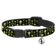thumbnail image 1 of Buckle-Down Breakaway Cat Collar With Bell, Plastic Clip, Easy Adjustable, Skulls Stars Black Green Yellow, 8.5 to 12 Inches 0.5 Inch Wide, 1 of 4