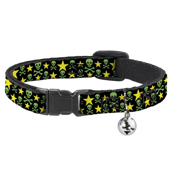Buckle-Down Breakaway Cat Collar With Bell, Plastic Clip, Easy Adjustable, Skulls Stars Black Green Yellow, 8.5 to 12 Inches 0.5 Inch Wide