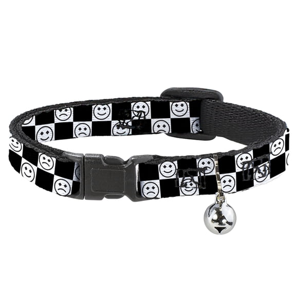 Buckle-Down Breakaway Cat Collar With Bell, Plastic Clip, Easy Adjustable, Smiley Sad Face Checker Black White, 8.5 to 12 Inches 0.5 Inch Wide