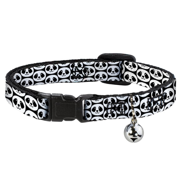 Buckle-Down Breakaway Cat Collar With Bell, Plastic Clip, Easy Adjustable, Smiling Panda Repeat Black White, 8.5 to 12 Inches 0.5 Inch Wide