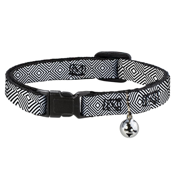 Buckle-Down Breakaway Cat Collar With Bell, Plastic Clip, Easy Adjustable, Square Lines White Black, 8.5 to 12 Inches 0.5 Inch Wide