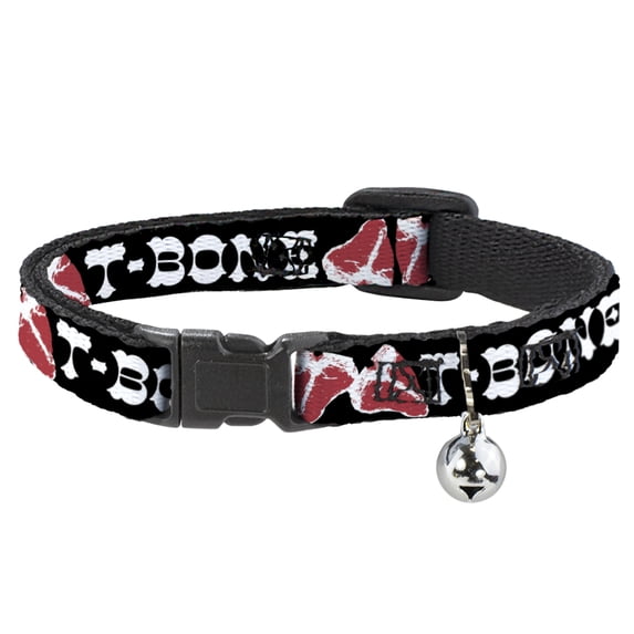 Buckle-Down Breakaway Cat Collar With Bell, Plastic Clip, Easy Adjustable, Steaks T Bone Text, 8.5 to 12 Inches 0.5 Inch Wide