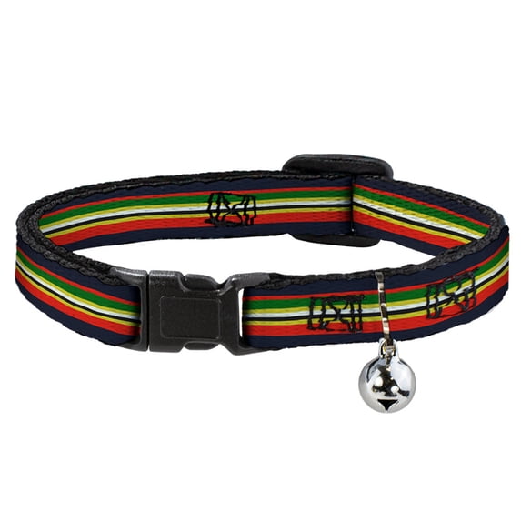 Buckle-Down Breakaway Cat Collar With Bell, Plastic Clip, Easy Adjustable, Stripes Navy Red Yellow Black White Green, 8.5 to 12 Inches 0.5 Inch Wide