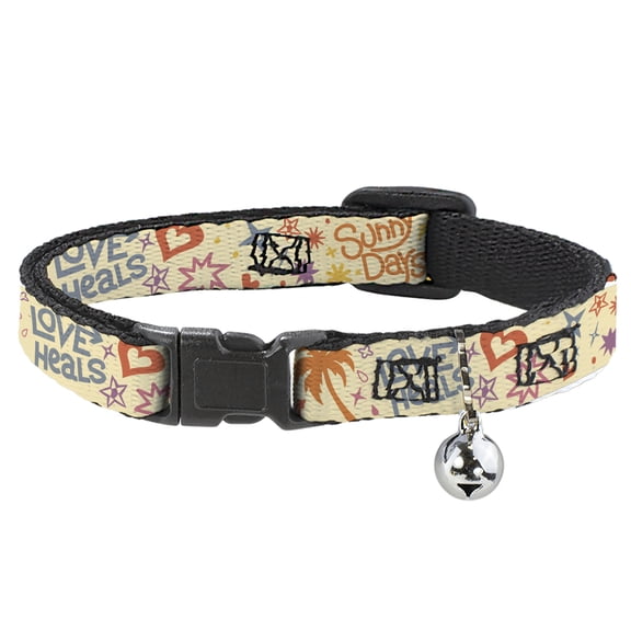 Buckle-Down Breakaway Cat Collar With Bell, Plastic Clip, Easy Adjustable, Summer Harmony Collage Beige Multi Color, 8.5 to 12 Inches 0.5 Inch Wide