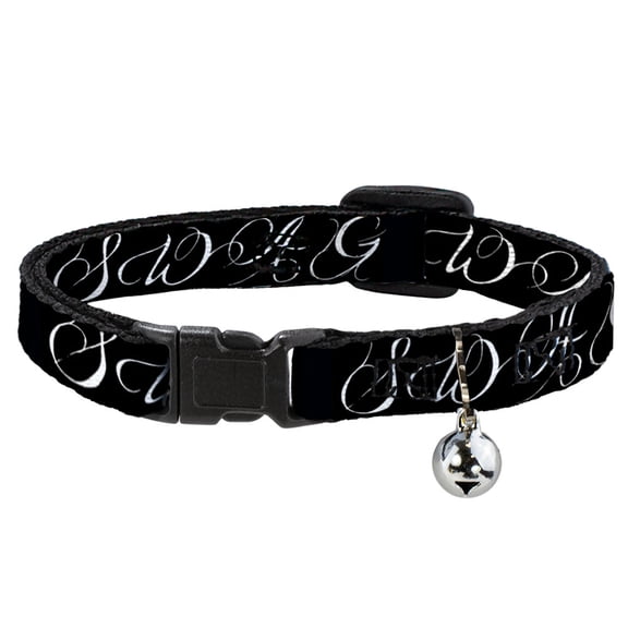 Buckle-Down Breakaway Cat Collar With Bell, Plastic Clip, Easy Adjustable, Swag Script Black White, 8.5 to 12 Inches 0.5 Inch Wide