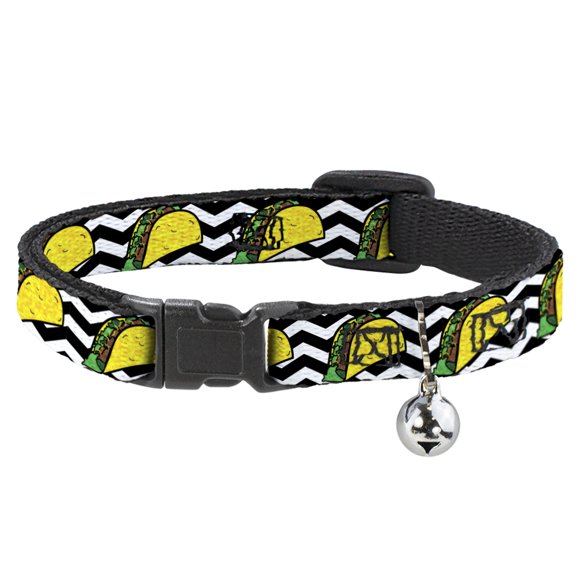 Buckle-Down Breakaway Cat Collar With Bell, Plastic Clip, Easy Adjustable, Taco Chevron Black White, 8.5 to 12 Inches 0.5 Inch Wide