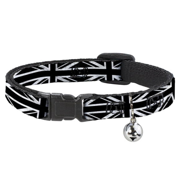 Buckle-Down Breakaway Cat Collar With Bell, Plastic Clip, Easy Adjustable, Union Jack Distressed Black White, 8.5 to 12 Inches 0.5 Inch Wide