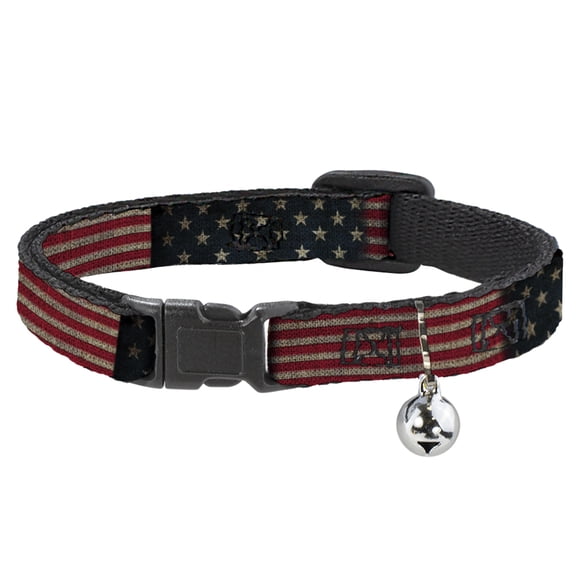 Buckle-Down Breakaway Cat Collar With Bell, Plastic Clip, Easy Adjustable, Vintage US Flag Stretch, 8.5 to 12 Inches 0.5 Inch Wide