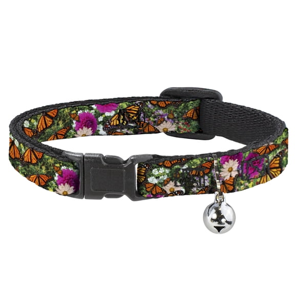 Buckle-Down Breakaway Cat Collar With Bell, Plastic Clip, Easy Adjustable, Vivid Monarch Butterfly Garden, 8.5 to 12 Inches 0.5 Inch Wide