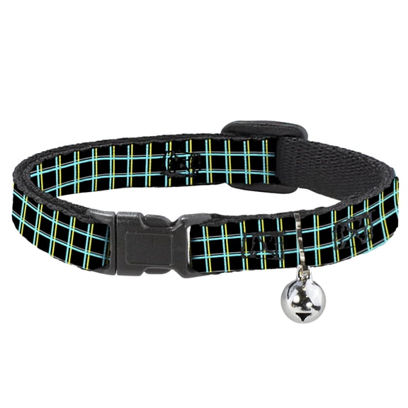 Buckle-Down Breakaway Cat Collar With Bell, Plastic Clip, Easy Adjustable, Wire Grid Black Turquoise Yellow, 8.5 to 12 Inches 0.5 Inch Wide