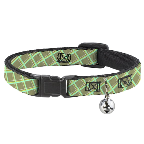 Buckle-Down Breakaway Cat Collar With Bell, Plastic Clip, Easy Adjustable, Wire Grid Tan Green Yellow, 8.5 to 12 Inches 0.5 Inch Wide