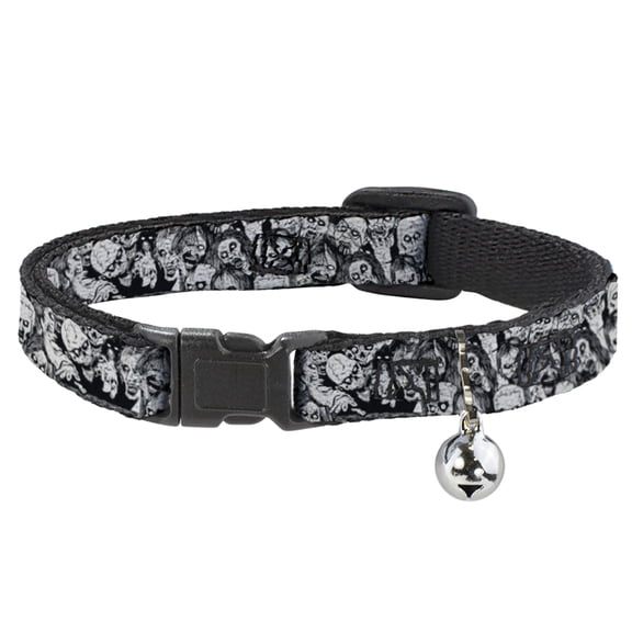 Buckle-Down Breakaway Cat Collar With Bell, Plastic Clip, Easy Adjustable, Zombie Skulls Sketch, 8.5 to 12 Inches 0.5 Inch Wide