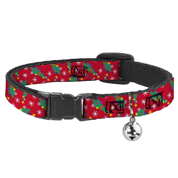 Buckle-Down Cat Collar, Breakaway Collar with Bell, Festive Holiday Christmas Trees Scattered Red Multi Color, 8.5 to 12 Inches 0.5 Inch Wide