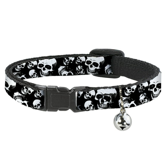 Buckle-Down Cat Collar, Breakaway Collar with Bell, Smiling Vivid Skulls Black White Grays, 8.5 to 12 Inches 0.5 Inch Wide