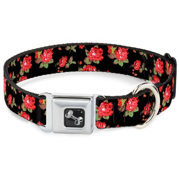 Buckle-Down Pet Collar, Dog Collar Metal Seatbelt Buckle, Red Roses Scattered Black, 13 to 17 Inches 1.5 Inch Wide