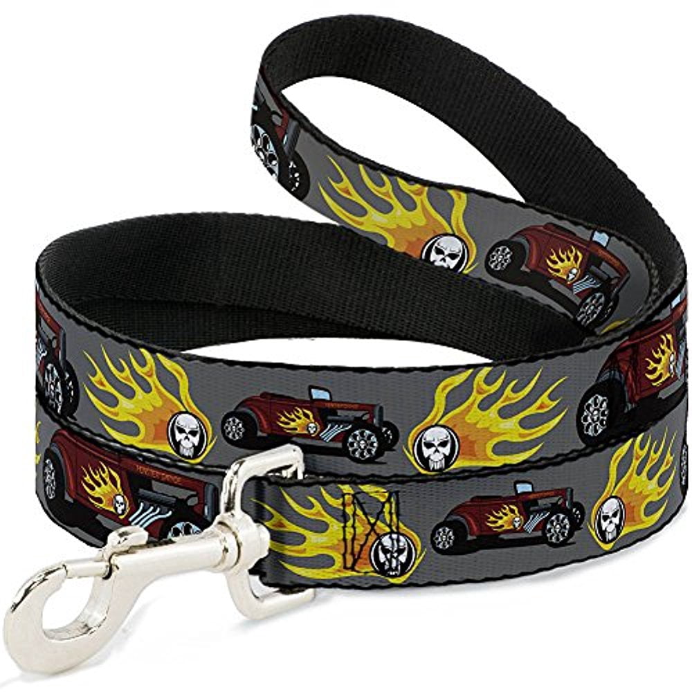 Buckle-Down DL-W30839-N Narrow 0.5" Hot Rod with Flame Skull Dog Leash