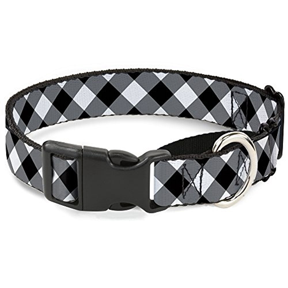 Buckle-Down Diagonal Buffalo Plaid Black White Martingale Dog Collar
