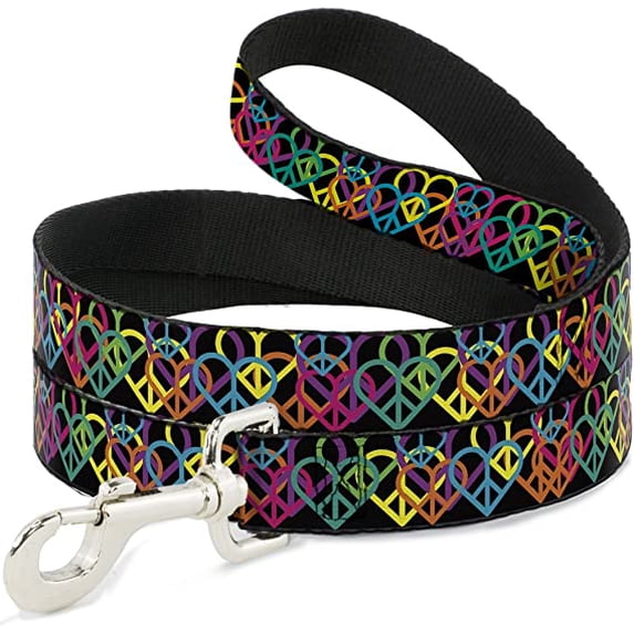 Buckle-Down Dog Leash Peace Hearts Stacked Black Neon Available in Different Lengths and Widths for Small Medium Large Dogs and Cats