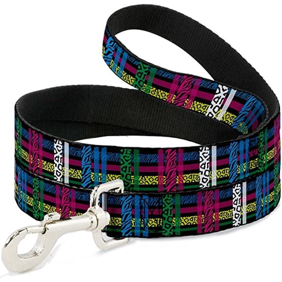 Buckle-Down Dog Leash Plaid Black Neon Animal Skins Available in Different Lengths and Widths for Small Medium Large Dogs and Cats
