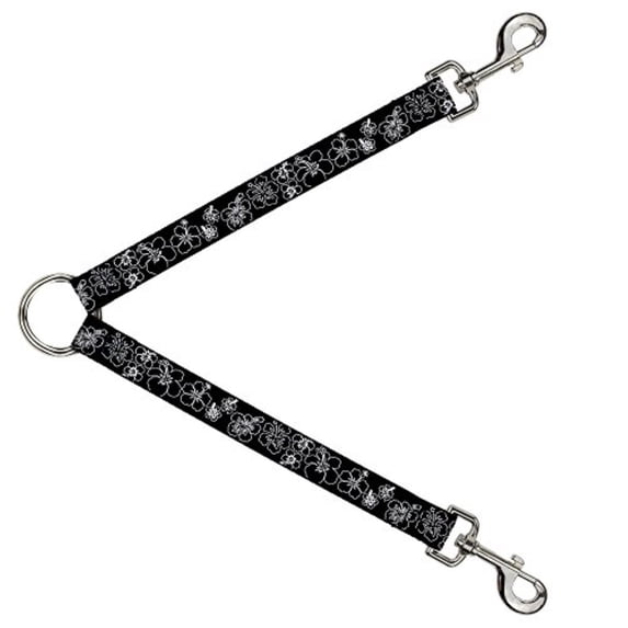 Buckle Down Dog Leash Splitter Hibiscus Outline Black White 1 Foot Long 1 Inch Wide