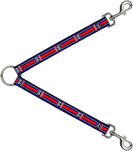 Buckle-Down Dog Leash Splitter Route 66 Highway Sign Stripe Blue White Red 1 Foot Long 1 Inch Wide