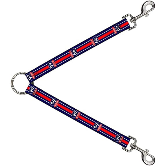 Buckle-Down Dog Leash Splitter Route 66 Highway Sign Stripe Blue White Red 1 Foot Long 1 Inch Wide