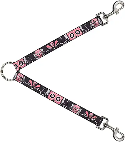 Buckle-Down Dog Leash Splitter Sugar Skulls Gray Pink 1 Foot Long 1 Inch Wide
