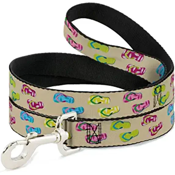 Buckle-Down Dog Leash Tropical Flip Flops Tan Multi Color Available in Different Lengths and Widths for Small Medium Large Dogs and Cats