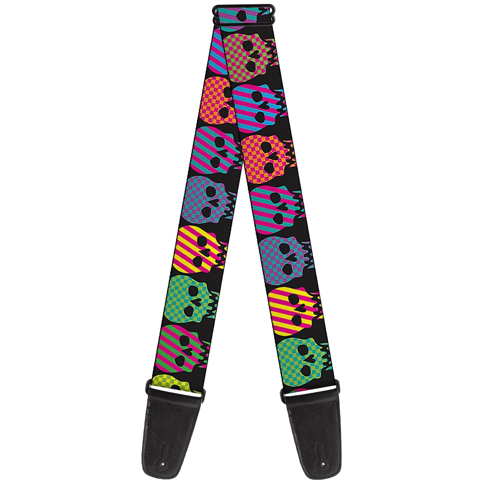 Buckle-Down Guitar Strap, Checker Stripe Skulls Black Multi Neon, 2 Inches Wide