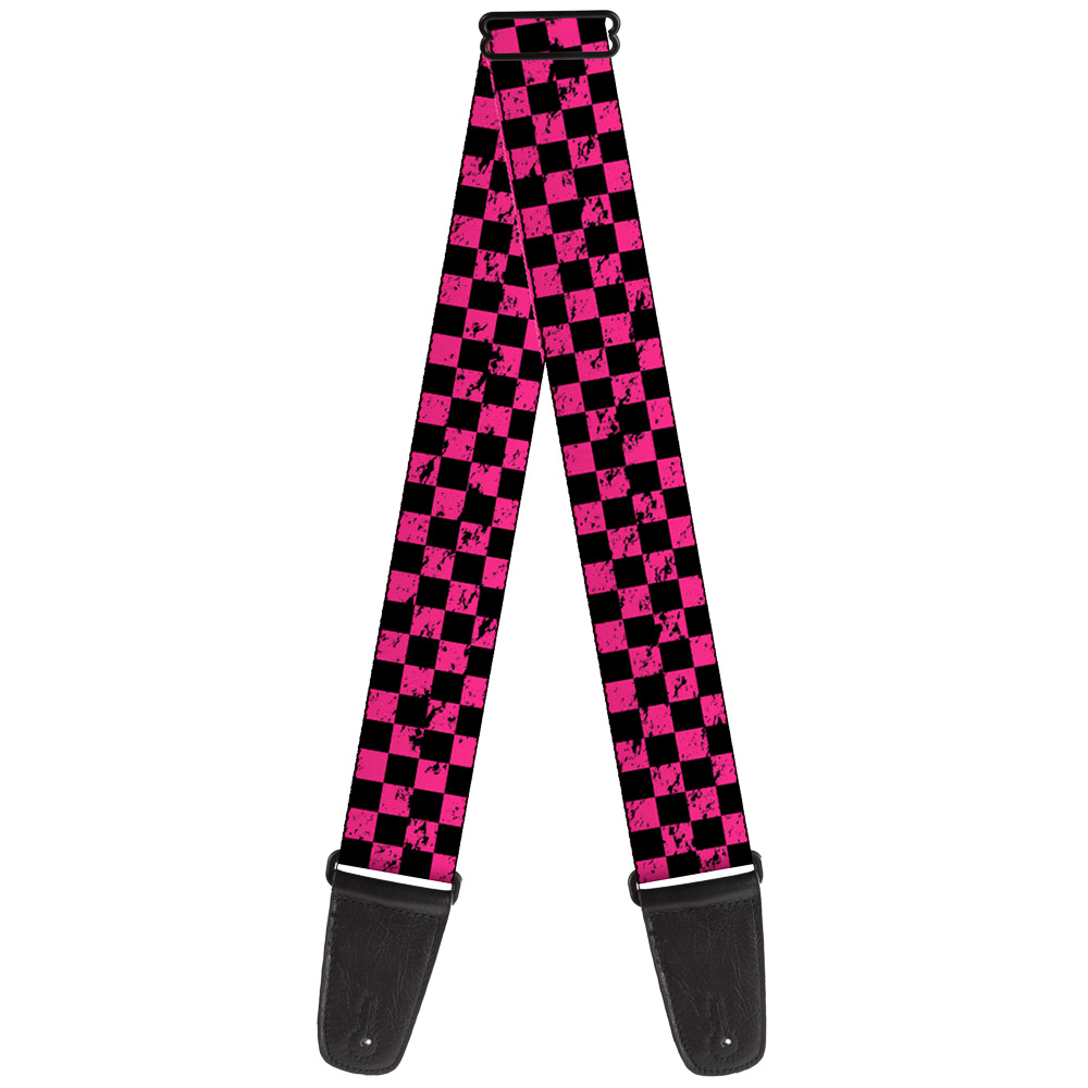 Buckle-Down Guitar Strap, Checker Weathered Black Neon Pink, 2 Inches Wide