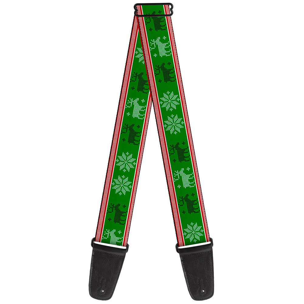 Buckle-Down Guitar Strap, Christmas Stitch Moose Snowflakes Red Green, 2 Inches Wide