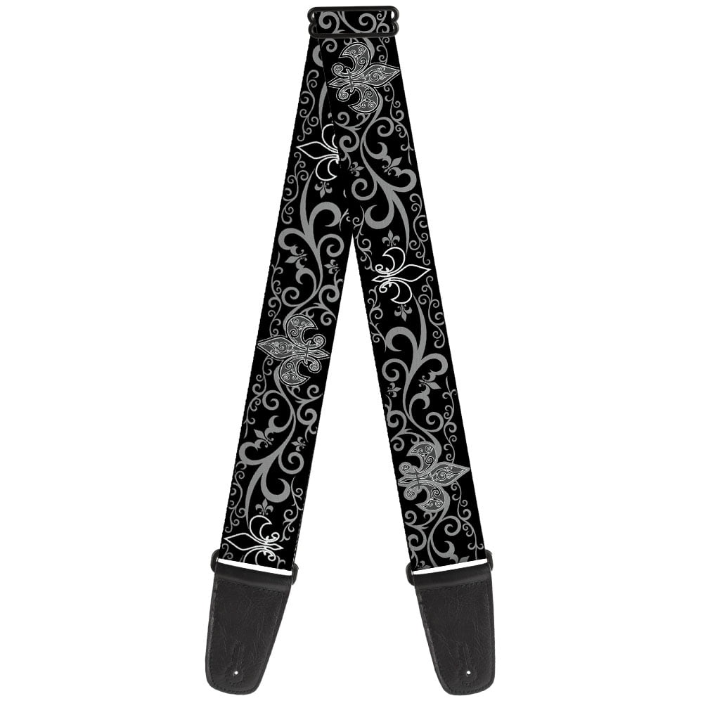 Buckle-Down Guitar Strap, Fleur De Lis Filigree Black Gray, 2 Inches Wide