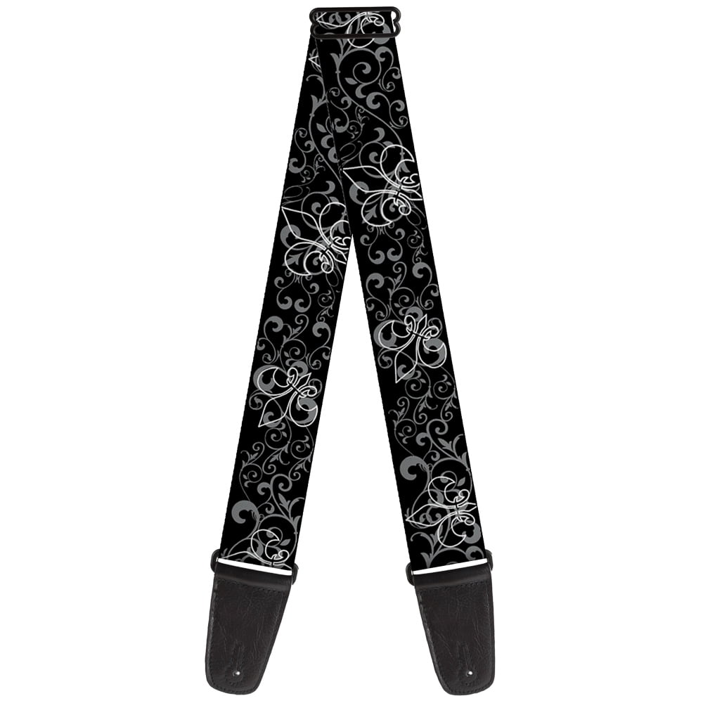 Buckle-Down Guitar Strap, Fleur De Lis Outline Filigree Black Gray, 2 Inches Wide