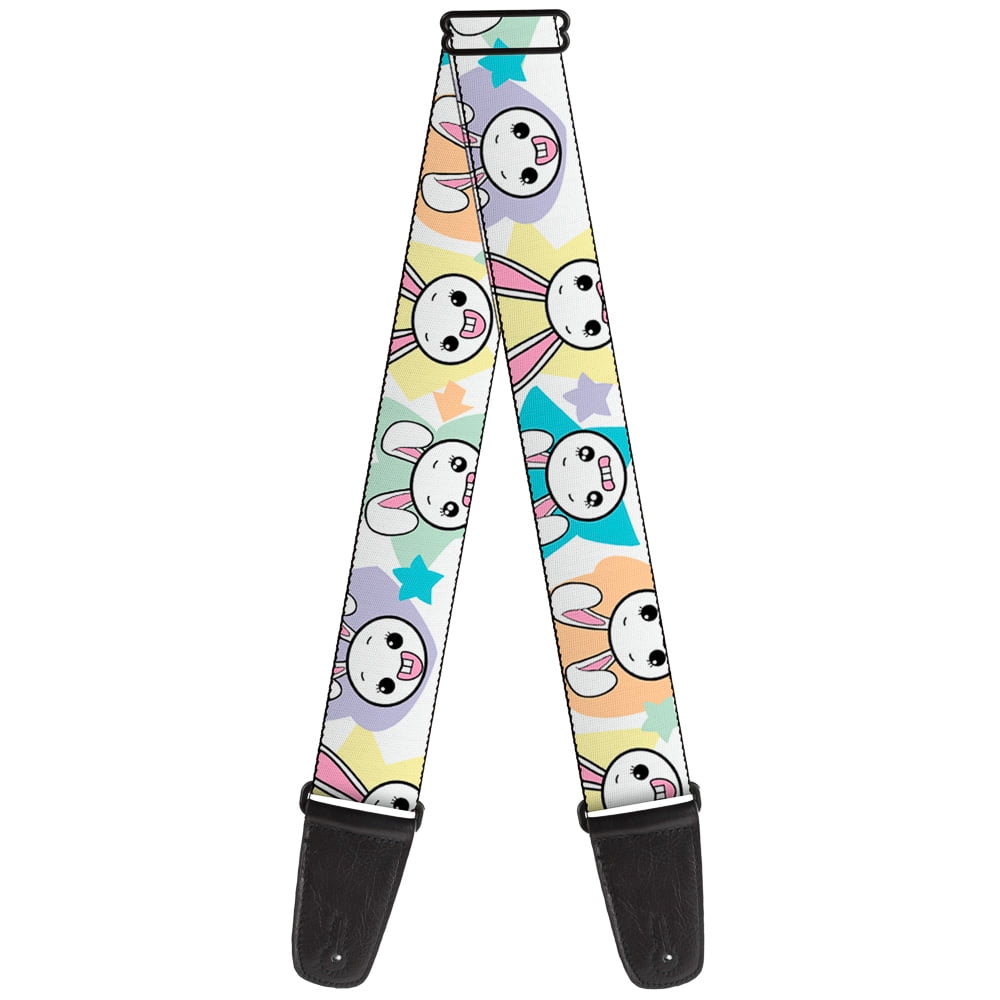 Buckle-Down Guitar Strap, Happy Sad Bunnies Stars White Pastel, 2 Inches Wide
