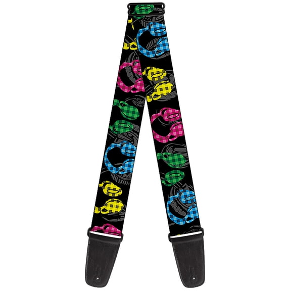 Buckle-Down Guitar Strap, Headphones Buffalo Plaid Black Neon, 2 Inches Wide