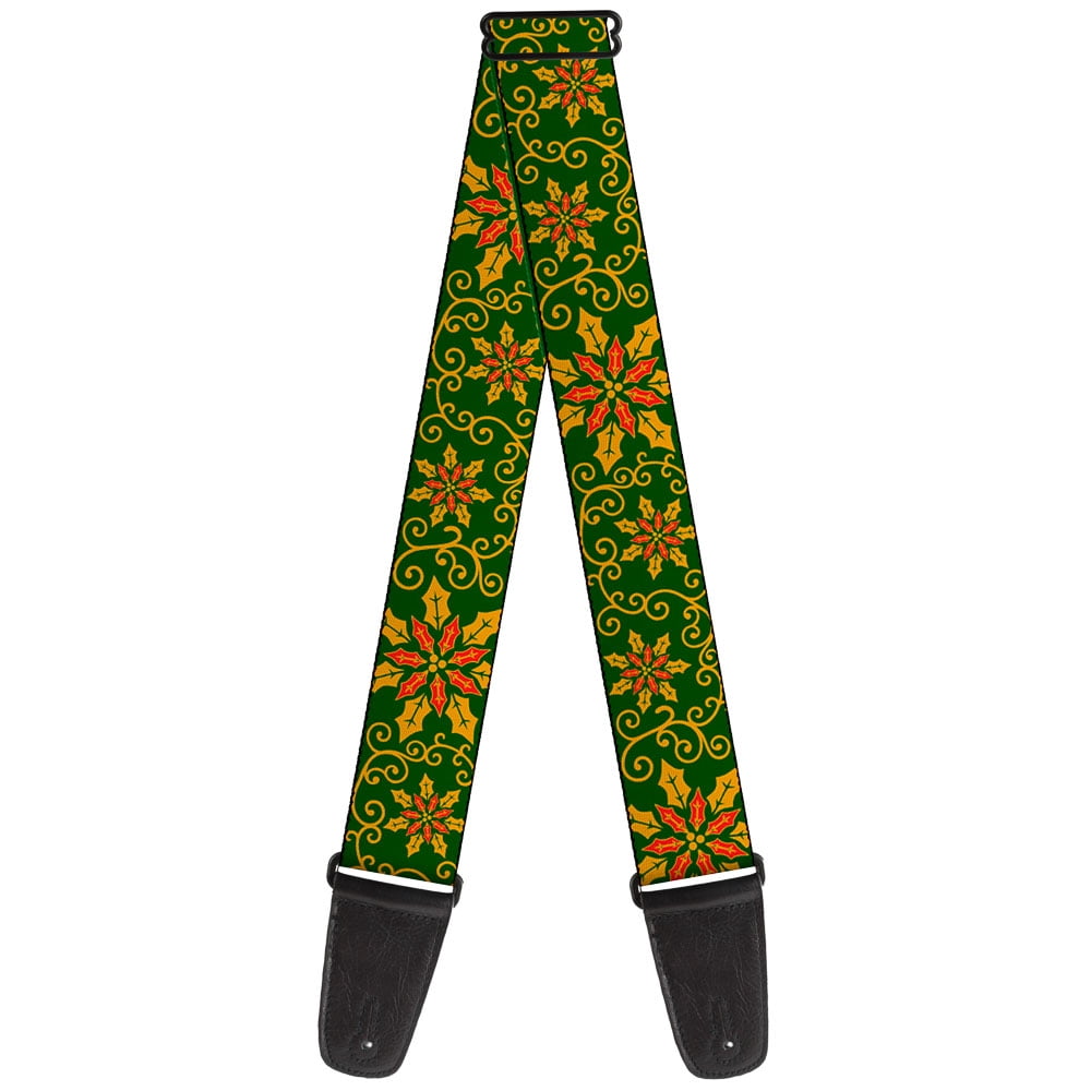Buckle-Down Guitar Strap, Holiday Holly Green Gold Red, 2 Inches Wide