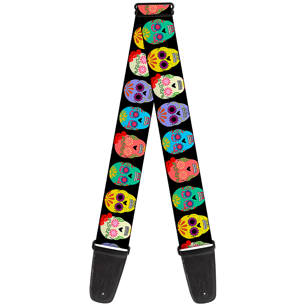 Buckle-Down Guitar Strap, Painted Sugar Skulls Black Multi Color, 2 Inches Wide