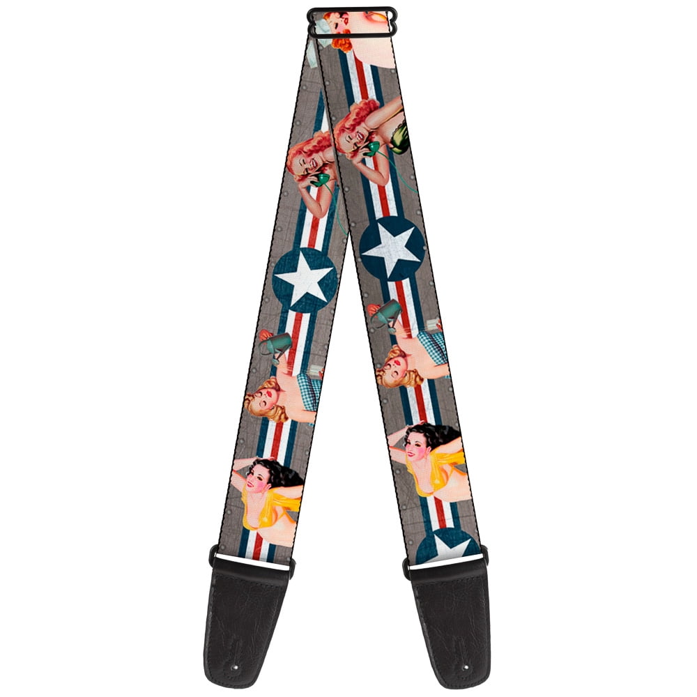 Buckle-Down Guitar Strap, Pin Up Girl Poses Close Up Star Stripes Gray Blue White Red, 2 Inches Wide