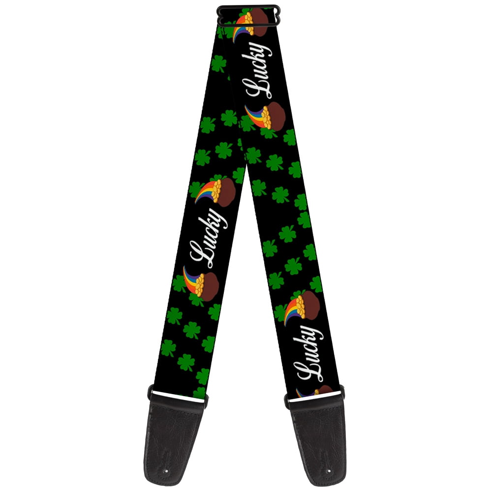 Buckle-Down Guitar Strap, St Pats Lucky Pot of Gold Shamrocks Scattered Black, 2 Inches Wide