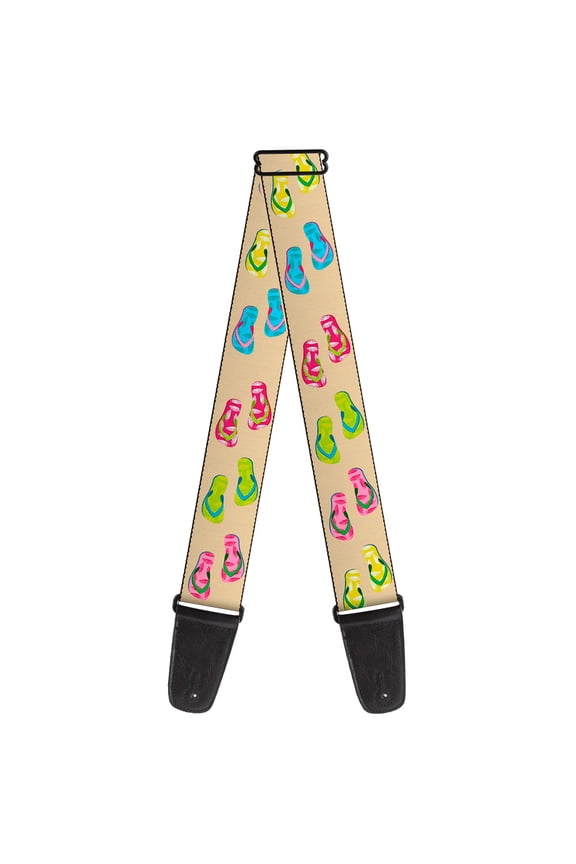 Guitar Strap, Tropical Flip Flops Tan Multi Color, 2 Inches Wide
