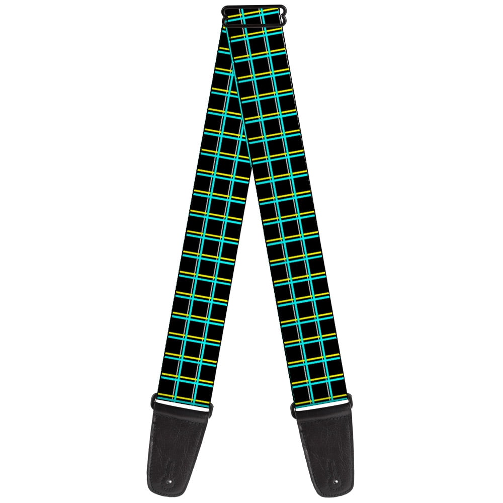 Buckle-Down Guitar Strap, Wire Grid Black Turquoise Yellow, 2 Inches Wide