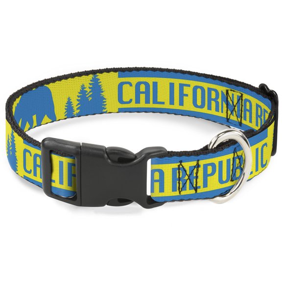 Buckle-Down Pet Collar, Dog Collar Plastic Buckle, California Republic Bear Stars Silhouette Yellow Blue, 11 to 16.5 Inches 1.0 Inch Wide