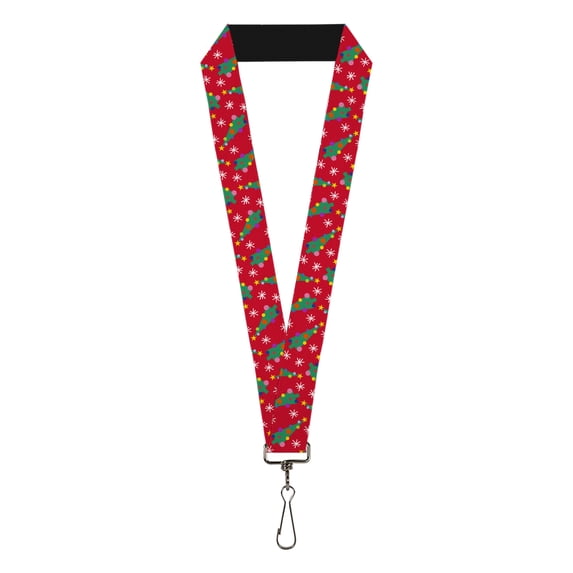 Buckle-Down Lanyard, Festive Holiday Christmas Trees Scattered Red Multi Color, Elastic