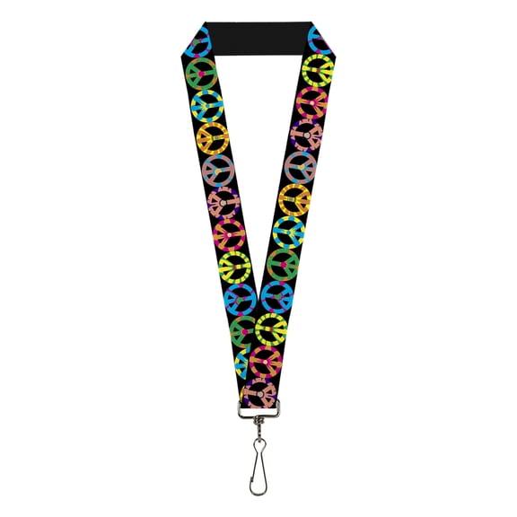 Buckle-Down Lanyard, Peace Flowers Black Multi Color, Elastic